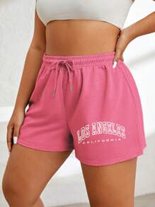 INAWLY Women's Plus Size Drawstring Waist Letter Printed Shorts - Hot Pink - View 3
