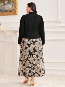 Modelyn Plus Size Notch Lapel Blazer And Paisley Print Cami Dress 2pcs/Set 2 Pieces Set - Black - View 2