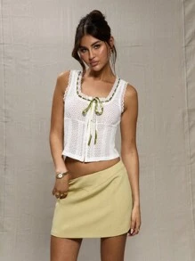 MUSERA White Ribbon Detail Crop Top Cottage Core Vacation Spring Summer