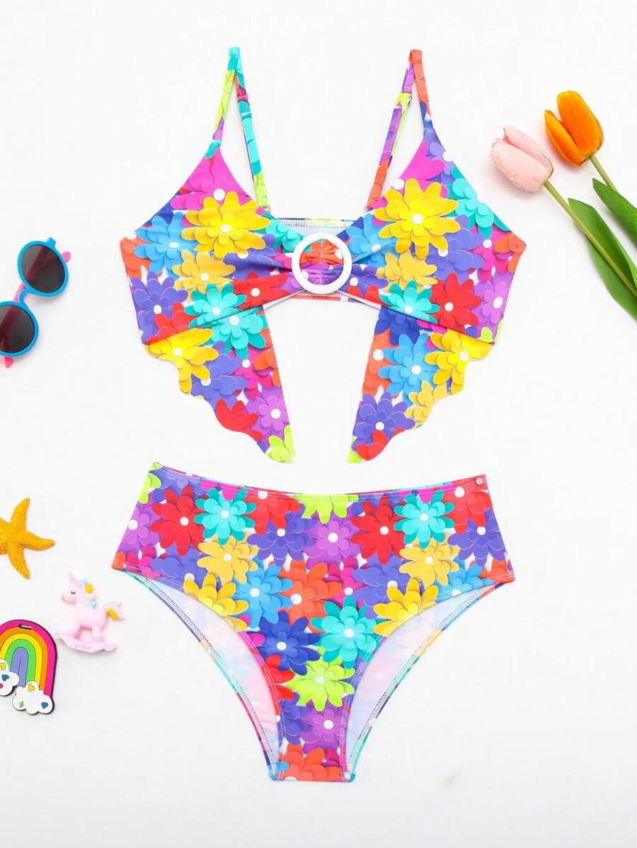 Teen Girls' Floral Print Swimwear Set, Bathing Suit Beach Outfit Music Festival Summer Vacation - Multicolor - View 1