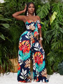 Slaydiva Summer Beach Vacation Chest Strapped Bow Cropped Top Wide-Leg Trousers Tropical Plant Print Women's Two-Piece Set