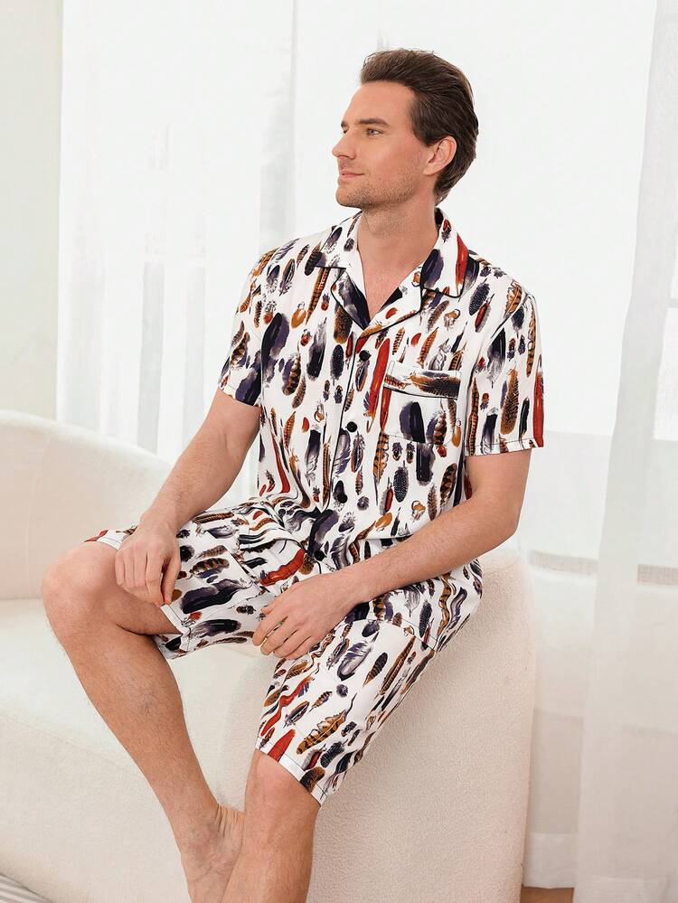 Men's Feather Pattern Printed Short Sleeve And Shorts Homewear Set