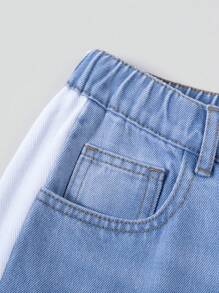 SHEIN Teen Boy Casual Wide Leg Color Block Blue Denim Jeans With Letter Printed, For Spring And Summer Outfits