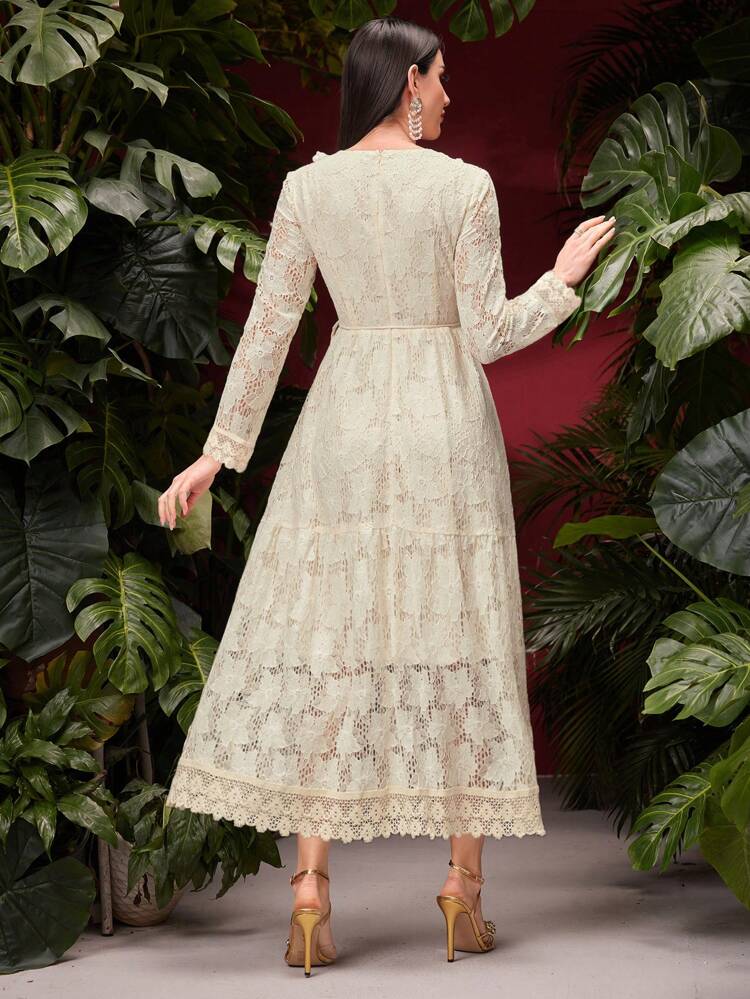 Women's V-Neck Lace Dress With Pompom Decoration Fall Cloth For Women