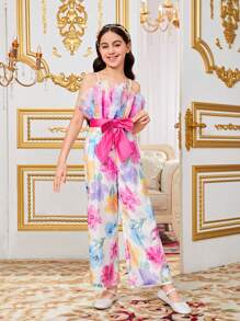 SHEIN Leap Crew 少女花卉印花休閒連身褲，褶邊下擺和大蝴蝶結裝飾 - 粉色 - 查看 1