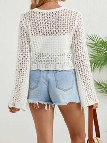 Women's Front Tie Scalloped Hem Bell Sleeve Cardigan - White - View 2