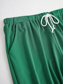 SHEIN Slayr Plus Size Plain One Shoulder Top And Drawstring Waist Long Pants Two Pieces Set