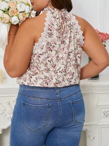 SHEIN Frenchy Plus Size Floral Splicing Lace Halterneck Tank Top - Multicolor - View 5