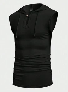 Solurane Camiseta de tirantes con capucha y cordón de unicolor para hombres, vacaciones - Negro - Ver 6
