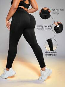 Easithlete Plus Size Seamless Overlapping Waistband Yoga Sports Leggings - Black - View 1