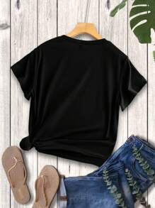 SHEIN LUNE Camiseta De Manga Corta Con Cuello Redondo Para Mujeres, Decoración De Mariposa Con Diamantes De Imitación - Negro - Ver 2