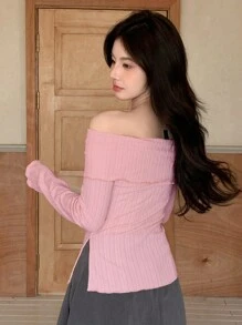 DAZY Off Shoulder Texture Long Sleeve T-Shirt Valentine Valentine's Day Summer,Back To School Clothes - Pink - View 5