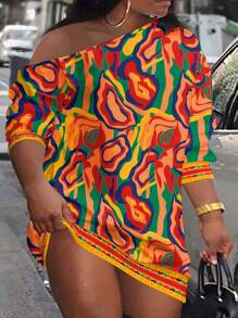 SHEIN Kích thước lớn Ngẫu nhiên In Không đối xứng Vòng cổ Đầm - Nhiều màu - Xem 1