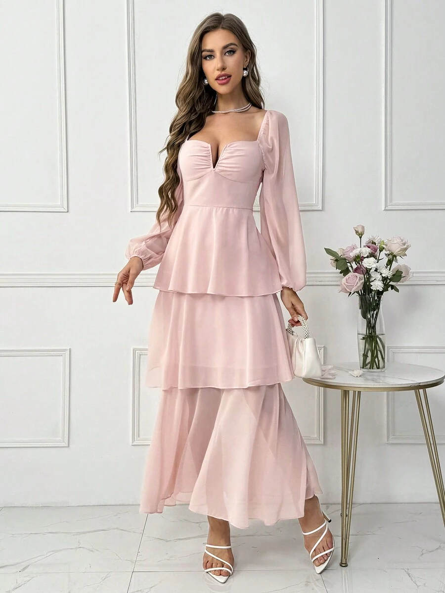 SHEIN Privé Vestido De Mujer Con Mangas De Linterna Y Línea A De Color Sólido - Rosa - Ver 1