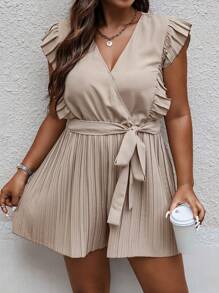 SHEIN Unity Plus Ruffle Trim Pleated Belted Romper - Apricot - View 5