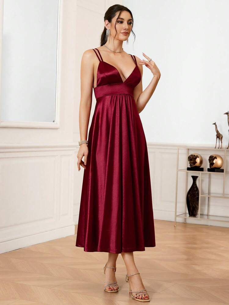 Burgundy Red Women's Solid Color Double Shoulder Strap Camisole Satin Cocktail Dress Formal Dresses For Women, Semi Formal Dress