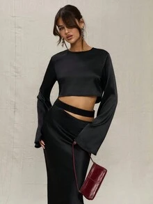 MUSERA Satin Long Sleeve Crop Top Vacation Spring Summer - Black - View 3