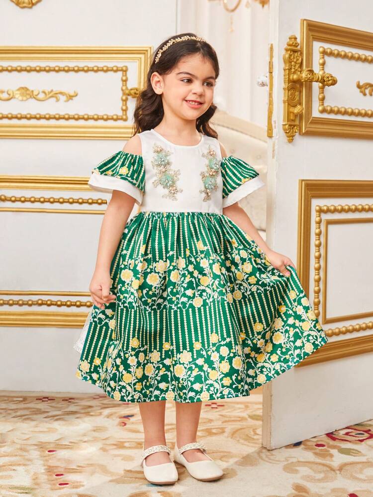 Young Girls' Floral Patchwork Contrast Color Round Neck Applique A-Line Dress