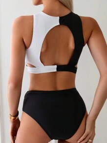 SHEIN Swim Conjunto de bikini con bloques de color y empalme de malla para dama, conjunto de bikini, traje de baño, atuendo de playa, traje de baño para festival de música de verano, verano playa