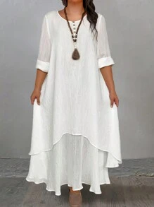 SHEIN LUNE 女士大尺碼鈕扣裝飾連衣裙 - 白色 - 查看 1