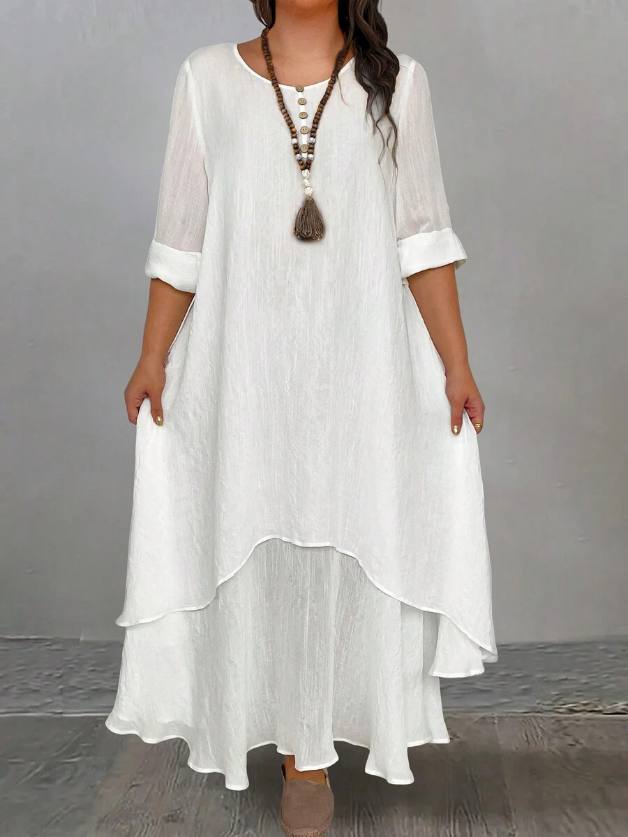 SHEIN LUNE 女士大尺碼鈕扣裝飾連衣裙 - 白色 - 查看 1