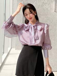 DAZY Bow Knot Tie Neck Chiffon Ruffle Hem Blouse - Purple - View 4