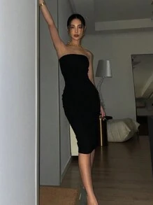 INAWLY Solva 女士純色緊身無肩帶連衣裙 - 黑色 - 查看 5