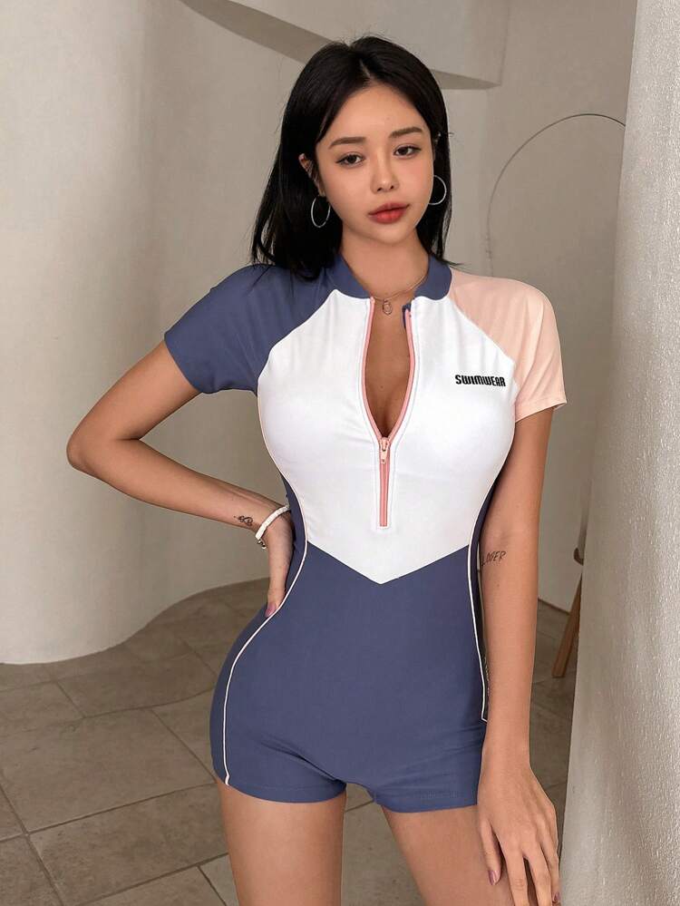 Ladies' One-Piece Short-Sleeved Colorblock Sports Swimming Suit For Summer, Beach, Swimming, Vacation