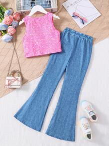 SHEIN Tween Girl Letter Cartoon Printed Round Neck Tank Top And Flared Pants Set - Multicolor - View 2