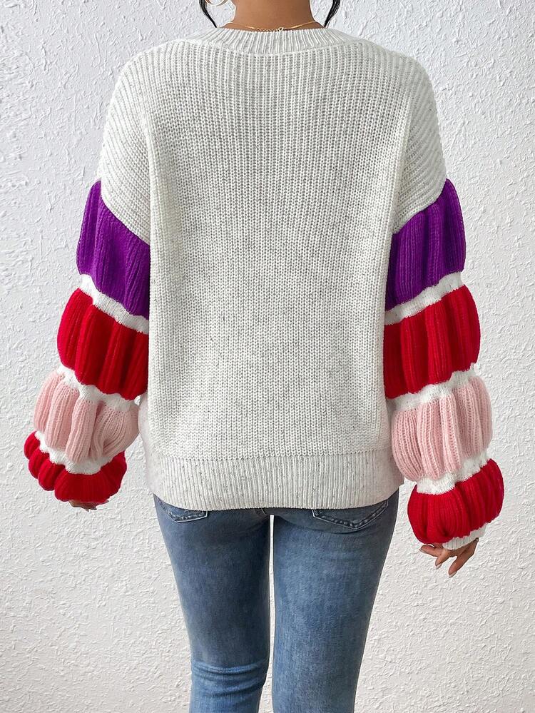 Colorblock Round Neck Slouchy Casual Sweater, Knit Pullover Fall Winter