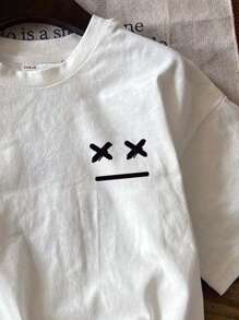 SHEIN Camiseta de cuello redondo de manga corta con gráfico minimalista casual para niño, de algodón, adecuada para el verano - Blanco - Ver 3
