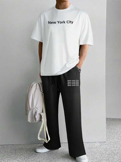 Manfinity Homme 男士字母圖案t卹和收緊腰部超大型長褲