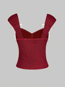 Sweetra Women'S Lace Camisole With Ruffled Chest And Bow Decoration - Burgundy - View 2