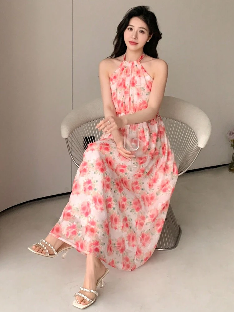 Women's Summer Sleeveless Halter Neck Floral Dress With Tie Sundress,Casual Women Dresses Maxi Dress Cruise Outfit For Women Cocktail Dress