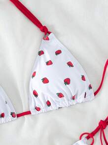 Swim Mod 女士草莓印花三角吊带比基尼上衣，适合游泳、度假、夏季海滩 - 彩色 - 查看 3