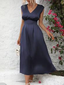 SHEIN Clasi 女裝實色a字裙,收腰褶皺設計 - 藏蓝色 - 查看 7