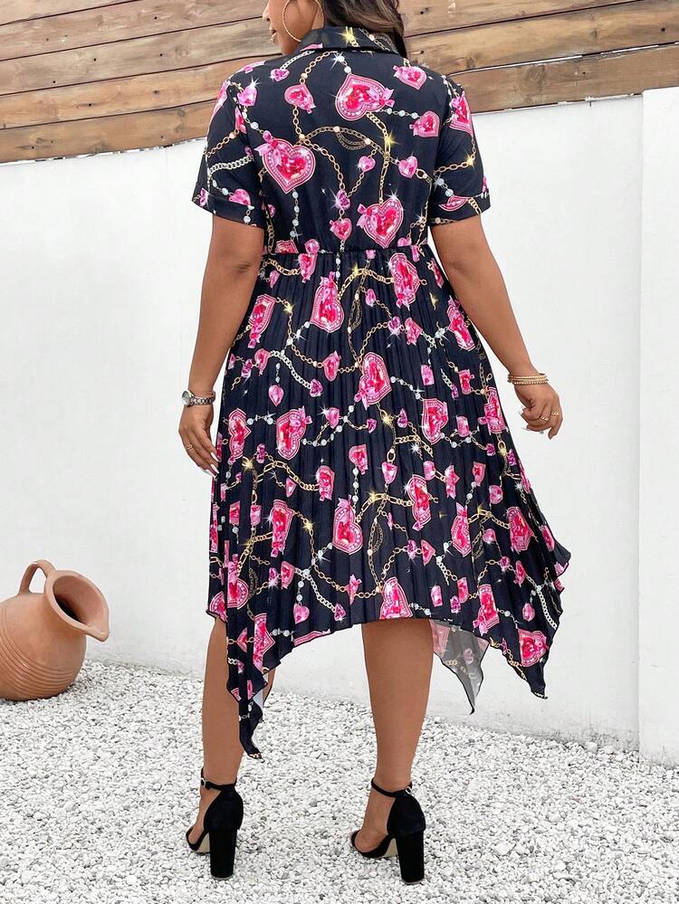 Plus Size Asymmetrical Hem Allover Printed Dress