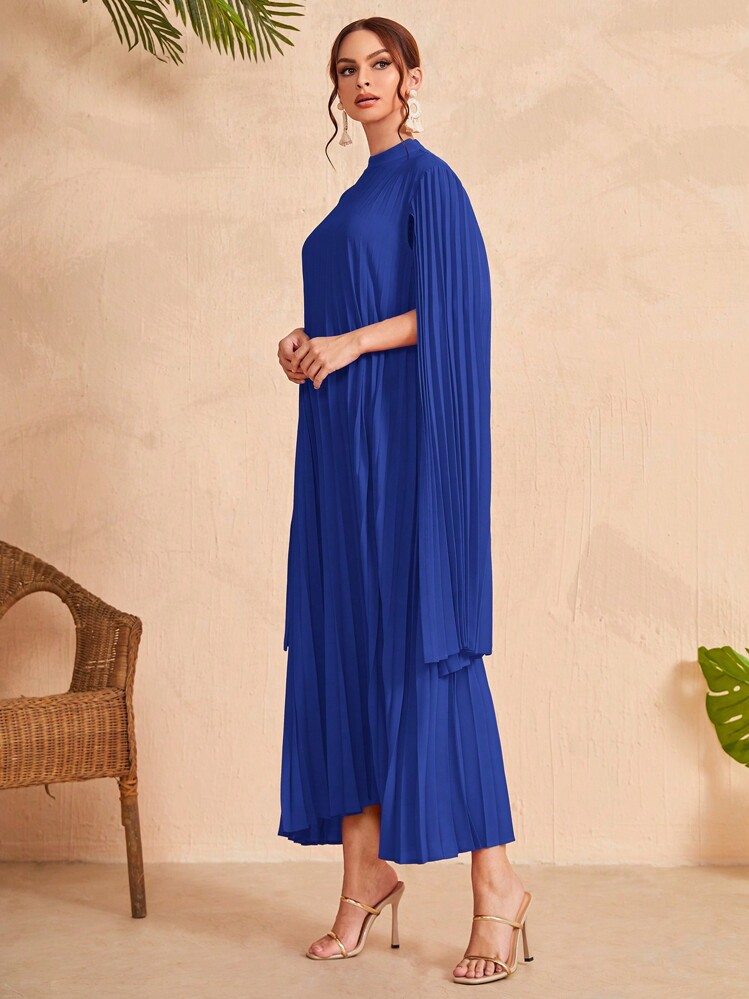 Modelyn Women's Solid Color Stand Collar Cape Pleated Long Sleeve Dress - Royal Blue - View 5