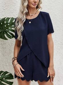 SHEIN LUNE Black Shell Edge Hem Shorts And Round Neck Wrap Top Work Two-Piece Set - Navy Blue - View 1