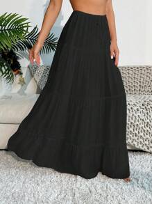 SHEIN Swim Summer Beach Solid Tiered Hem Cover Up Skirt