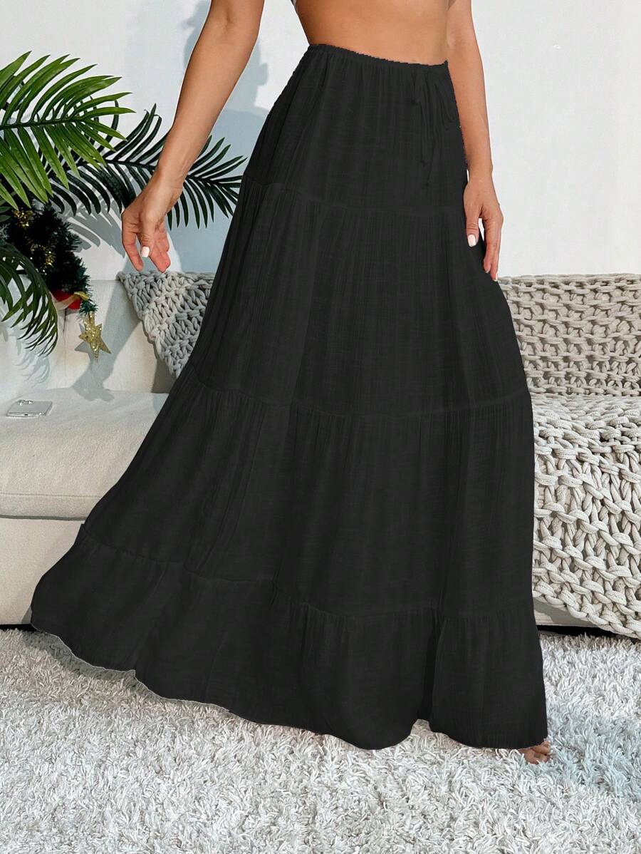 SHEIN Swim Summer Beach Solid Tiered Hem Cover Up Skirt