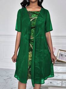 SHEIN Lady Váy voan nửa trong in thực vật xuyên qua vải tay ngắn bên trong-bên ngoài Váy 2 trong 1 - Màu xanh lá cây đậm - Xem 4