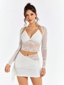 PARTHEA Viễn cảnh Ren Nối Xù Lưới Top Cây trồng & Eo thấp Bộ váy - trắng - Xem 6