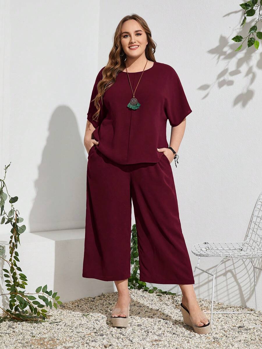 EMERY ROSE Kích thước lớn Màu thuần Vòng cổ Ngắn tay Giải trí Áo Và Rộng chân Quần - Màu Đỏ Sâu - Xem 1