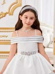 SHEIN Rochie superbă pentru fetiță Tween, cu umăr dezactivat, cu fundă și stras, decorată cu plasă cu îmbinare - alb - Vizualizare 3