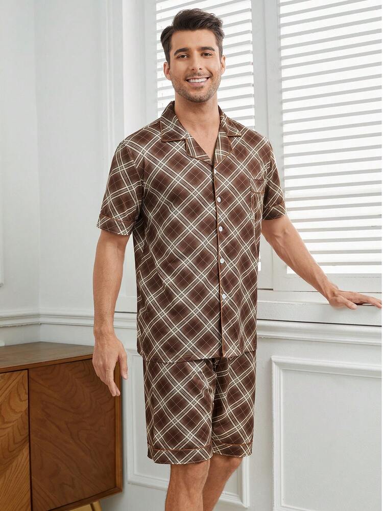 Men's Plaid Short Sleeve Shirt And Shorts Homewear Set