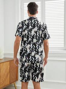 Men's Printed Button Down Short Sleeve Top And Shorts Homewear Set - Black - View 2