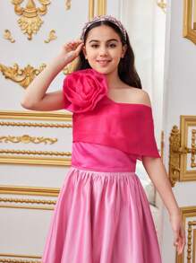 SHEIN Tween Girl Dễ Thương Hoa Lớn Trang Trí Áo Một Vai Bất Đối Xứng - Màu Hồng Tươi - Xem 5