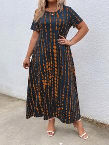 EMERY ROSE Plus Size Women's Loose Short Sleeve Dress With Round Neckline And Pockets, All-Over Print - Multicolor - View 5