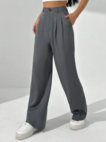 SHEIN Unity High-End Grey Wide-Legged Pleated Straight Suit Summer Pants - Grey - View 6